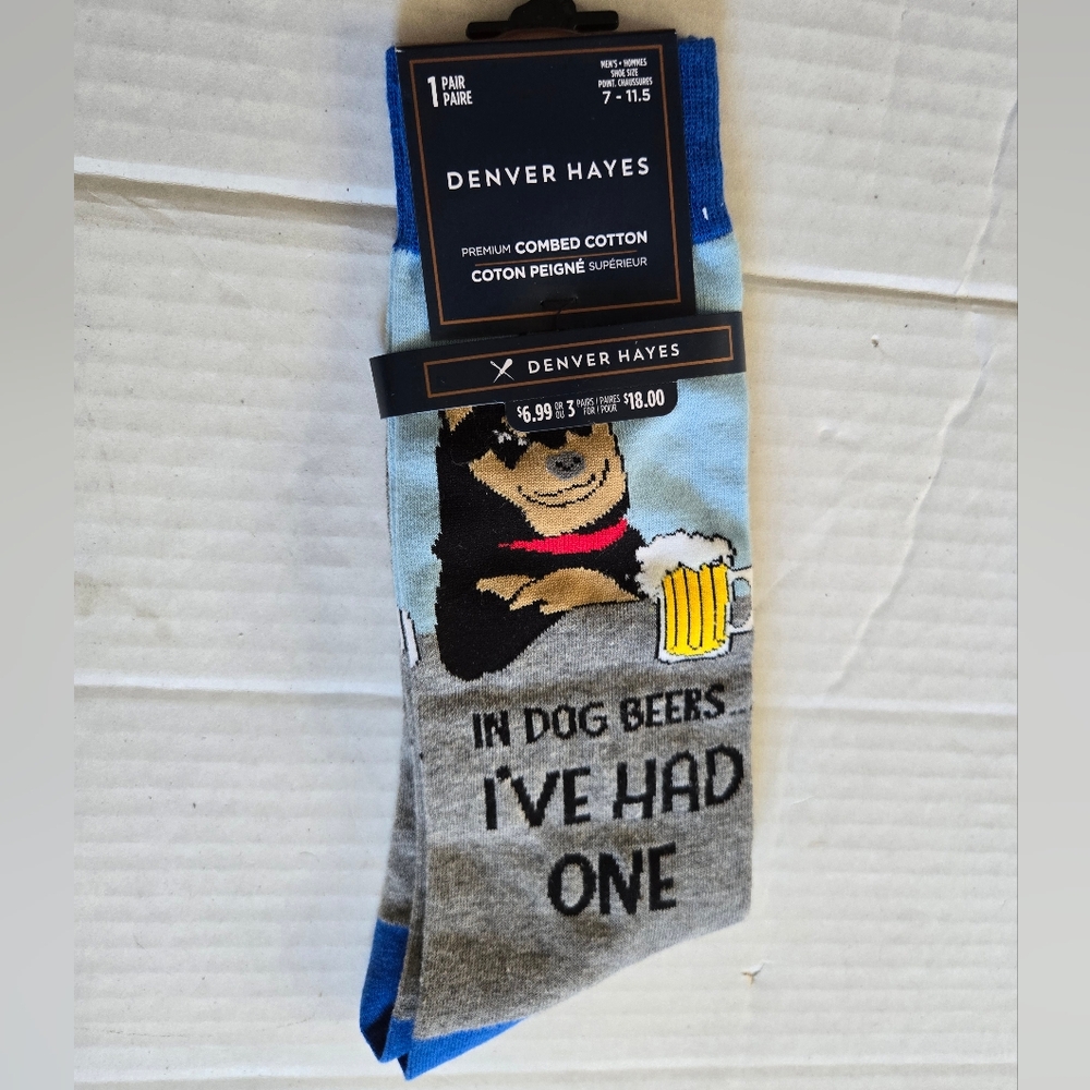 Denver Hayes Men's Premium Combed Cotton  Socks (Denim Dog Beer) Size 7 - 11.5